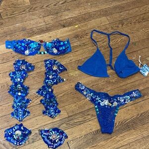 Vintage blue burlesque costume Blue beaded bra thong panty arm bands and new bra